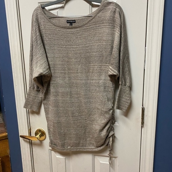 Express Sz Med Light Weight Sweater Gray Tie Scrunch Side 3/4 Sleeve Metallic. - Picture 2 of 10